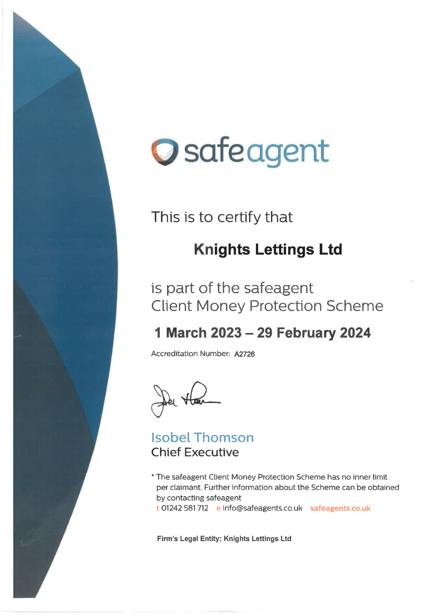 Knights Lettings certificate showing Knights Lettings are part of the Client Money Protection Scheme